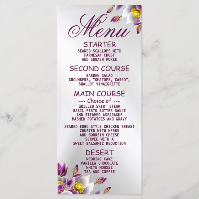 Menú Cena Floral Púrpura Púrpura Plata Fiesta de Boda (Anverso)