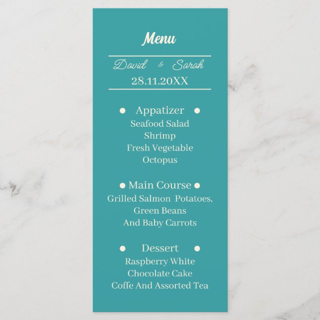 Menú Cena personalizada Verde azulada simple Boda (Anverso)