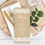 Menú Cena Rústica de Kraft y Boda de encaje<br><div class="desc">Las tarjetas de menú boda incluyen "Menú" en escritura,  un encantador diseño de borde ilustrado de encaje floral blanco y punteado,  y un fondo con un estilo rústico de papel marrón kraft texturizado.</div>