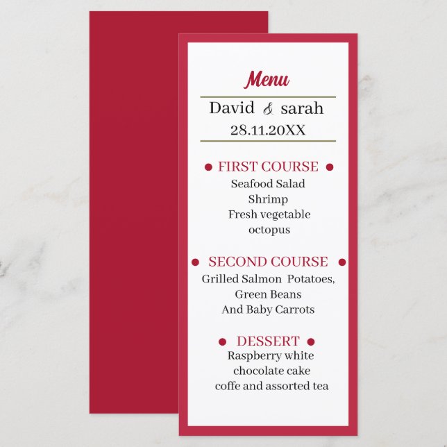 Menú Cena simple de Boda rojo (Anverso / Reverso)