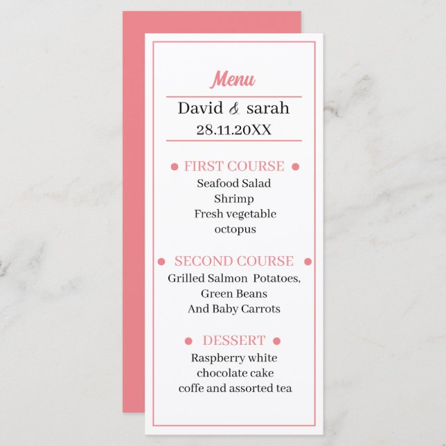 Menú Cena simple Rosa ligero Boda (Anverso / Reverso)