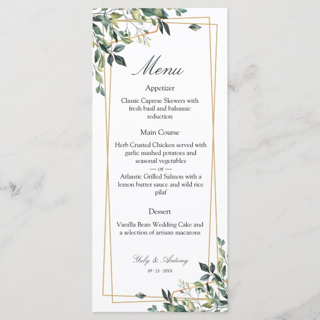 Menú Cena sofisticada con estampado de verde y dorado (Anverso)