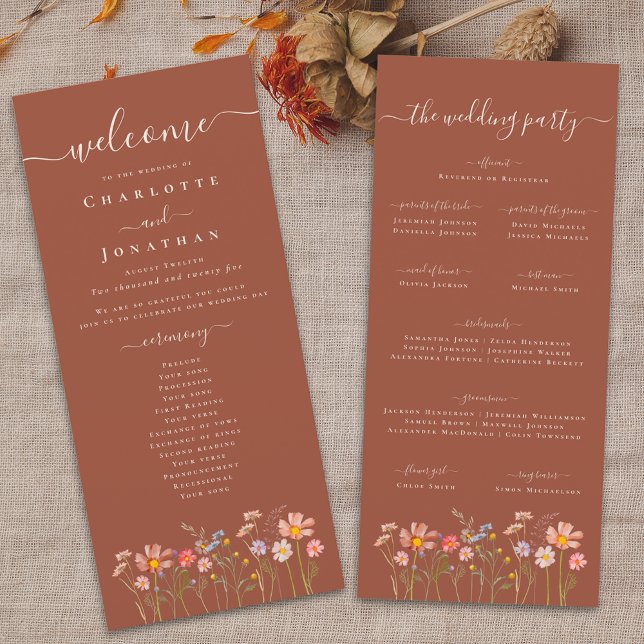 Menú Ceremonia de Boda de Terracota con Flores Silvestr (Boho fall Wildflower meadow  floral terracotta rust Wedding ceremony program Elegant modern script)