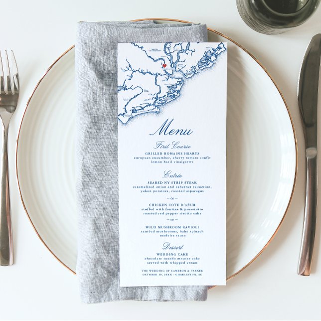 Menú Charleston SC Map Elegant Navy Blue Boda (Charleston South Carolina Wedding Menu in elegant navy blue from Coastal Map Designs)