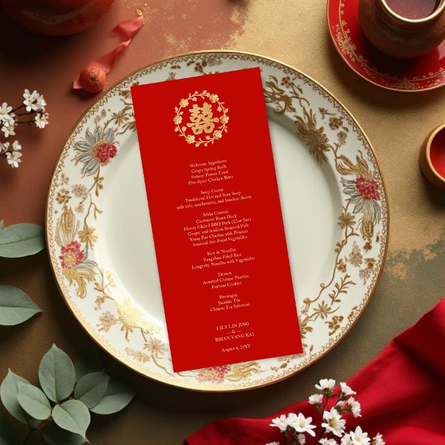 Menú Charming Glitter Floral Chinese Double Happiness (Charming Glitter Effect Floral Chinese Double Happiness Symbol Elegant Menu Cards Design.)