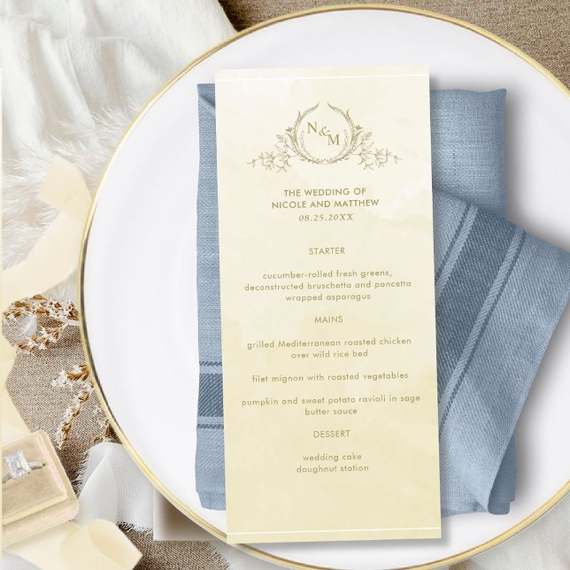Menú Chic Champagne Cream Watercolor, Monogram Wedding  (Subido por el creador)