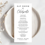 Menú Chic Eat Drink celebra la boda<br><div class="desc">Menú de moda para la recepción de tu boda,  fiesta de compromiso,  cena de ensayo y otras celebraciones con "Comer,  beber y celebrar" en una mezcla de elegante tipografía serif y un guión moderno,  tu menú personalizado en tipografía simple,  y tus nombres y fecha de evento.</div>