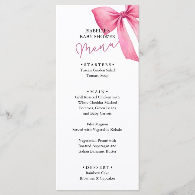Menú Chica de lazo rosa Baby Shower (Anverso)