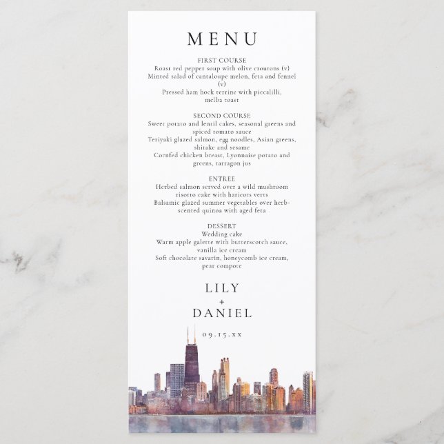 Menú Chicago Skyline Watercolor Destination Wedding (Anverso)
