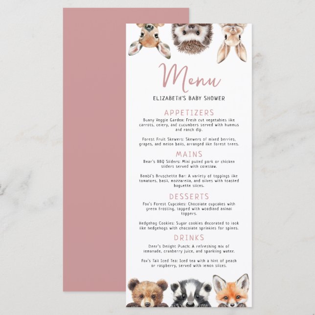 Menú Chico Bebe Cumpleaños Animales Bosque Acuarela Ros (Anverso / Reverso)