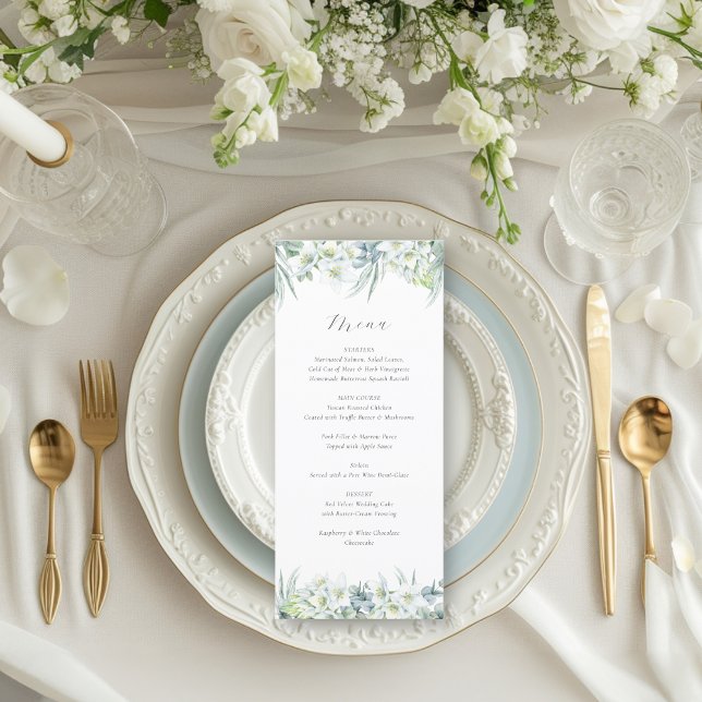 Menú Chloe Simple Elegante Eucalyptus Greenery Boda (This elegant menu features white flowers and greenery for a luxurious, fine art wedding look)