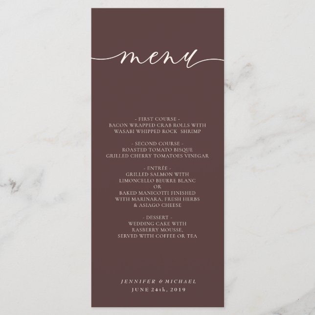 Menú Chocolate Brown Simple Script Wedding Dinner (Anverso)