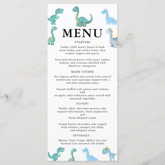Menú Chorro de Bebé de Dinosaurio con Estilo Blanco (Anverso)