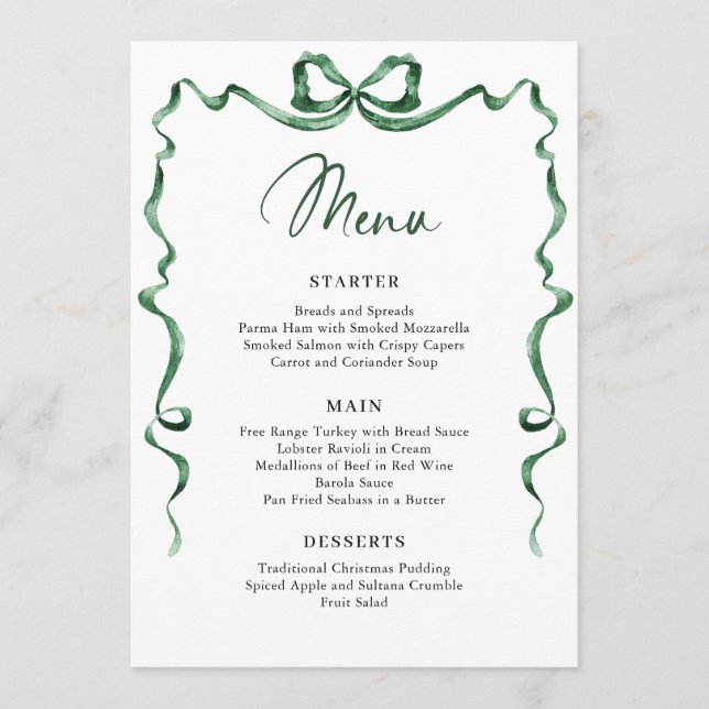 Menú Christmas Whimsical Funky Green Bow Dinner Party (Anverso)