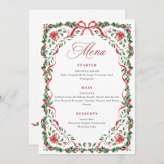 Menú Christmas Whimsical Red Bow Wreath Dinner Party (Anverso / Reverso)