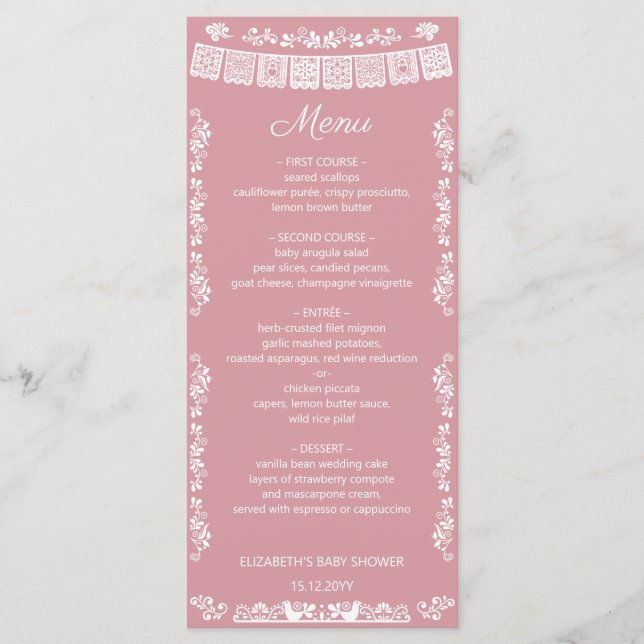 Menú Cielito Lindo Blush Pink Papel Picado Baby Shower (Anverso)