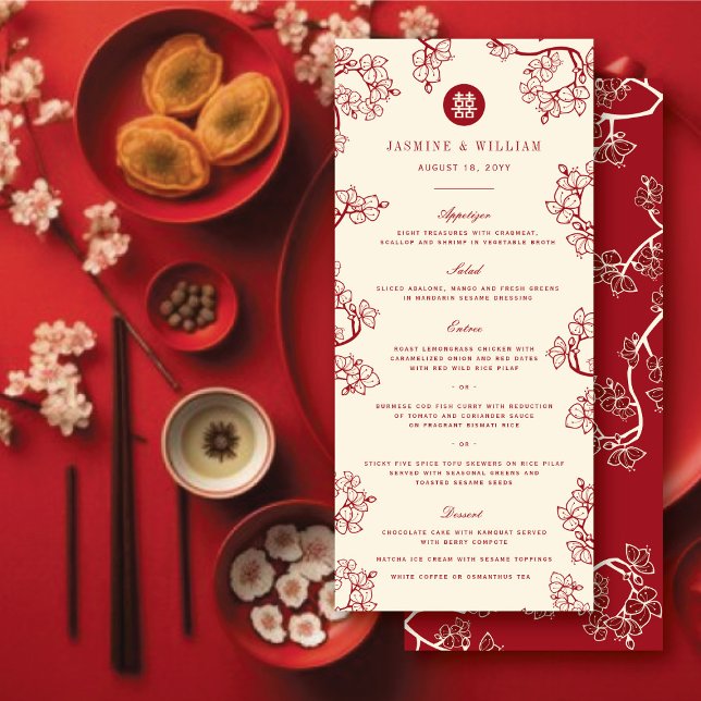 Menú Ciruela roja florece doble felicidad Boda chino (Red Plum/Peach Blossoms & Double Happiness Floral Chinese Wedding Menu Card @ fatfatin_red_knot)