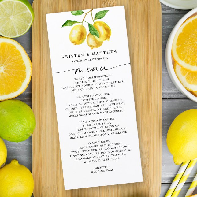 Menú Citrus de color de agua limón (Our lemon watercolor menu card is the perfect way to keep your guests informed on the food.)