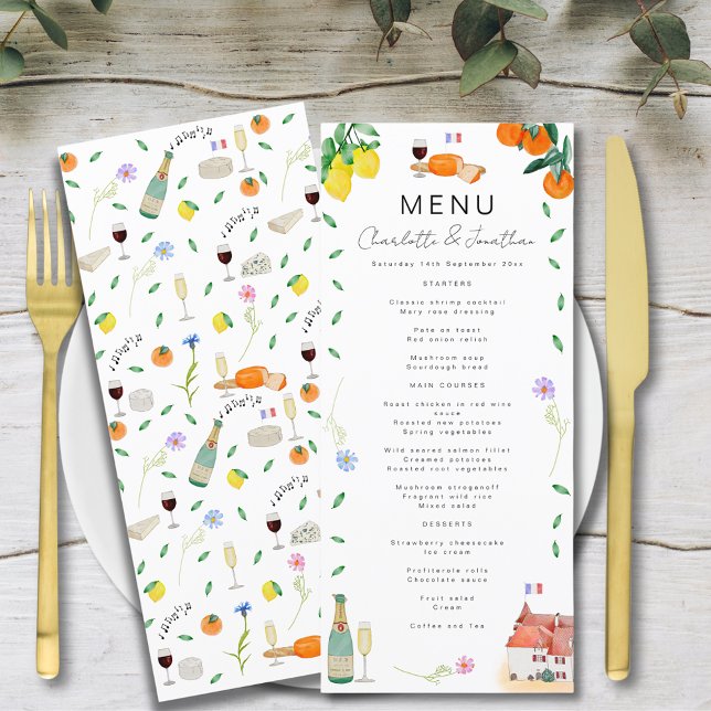 Menú Citrus French Boho Boda (French citrus boho watercolor wedding menu with wine and french cheese, musical notes, florals )