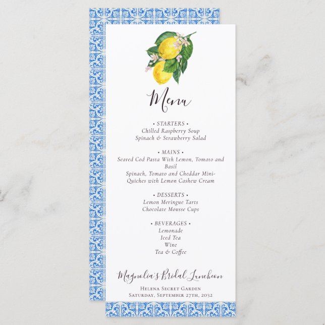 Menú Citrus Lemon Mediterranean Blue Bridal Luncheon (Anverso / Reverso)