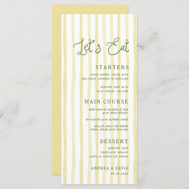 Menú Citrus Yellow Stripe Handwriting Island Wedding (Anverso / Reverso)