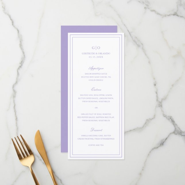 Menú Clásica Boda Elegante Lilac (Anverso/Reverso In Situ)