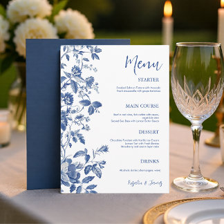 Menú Clásica Cena de Boda Botánica con Toile Azul