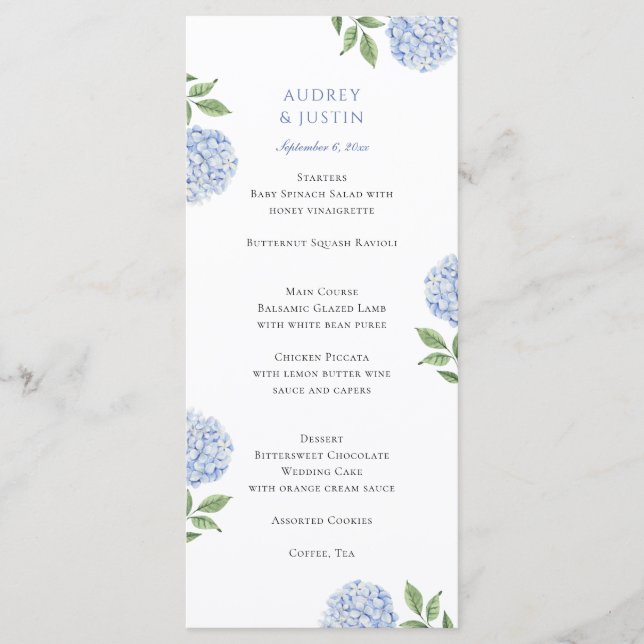 Menú Clásica Cena de Boda con Hortensias Azules (Anverso)