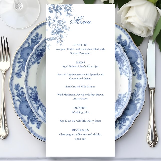 Menú Clásicas flores azules y cintas de boda francesas (Subido por el creador)