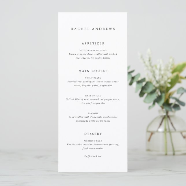 Menú Clásico Atemporal Formal Invitado Nombre Boda (Anverso de pie)