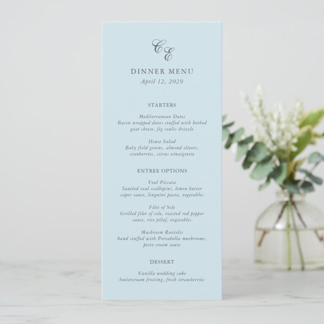 Menú Clásico Azul Polvo Monograma Boda Elegante (Anverso de pie)