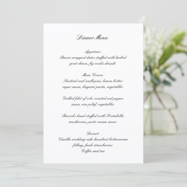 Menú Clásico Boda Intemporal en Blanco y Negro (Anverso de pie)