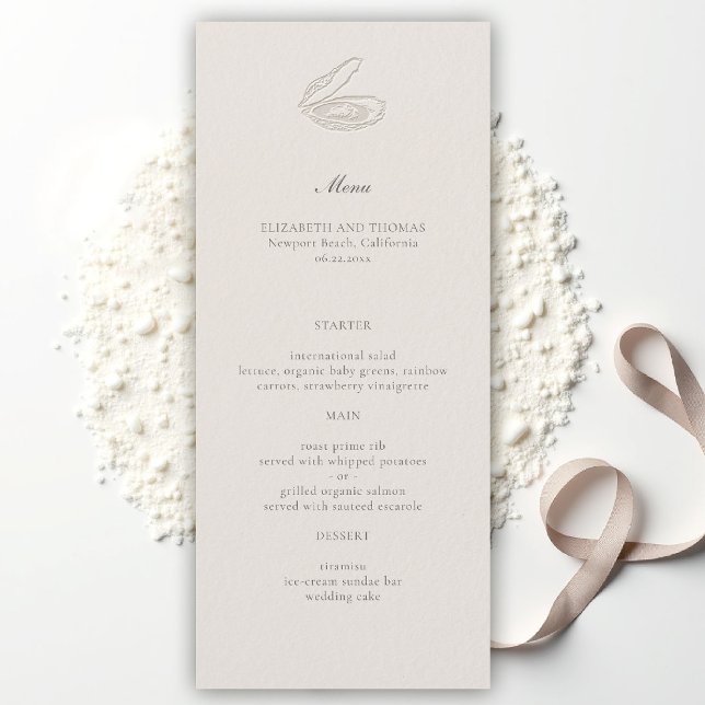 Menú Clásico de Ostra Náutica Costera en Crema para Bod (oyster wedding menu coastal nautical formal traditional modern classic ecru elegant boat yacht sea)