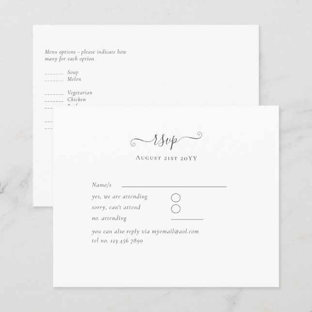 Menú clásico de RSVP blanco y negro para presupues (Anverso / Reverso)