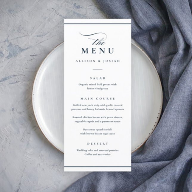 Menú Clásico Elegante Boda Azul Marino y Blanco (Elegant Navy Blue and White Wedding Menu.)