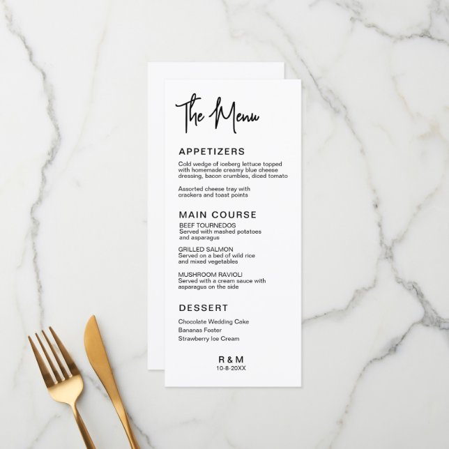 Menú Clásico Elegante Boda en Blanco y Negro (Anverso/Reverso In Situ)