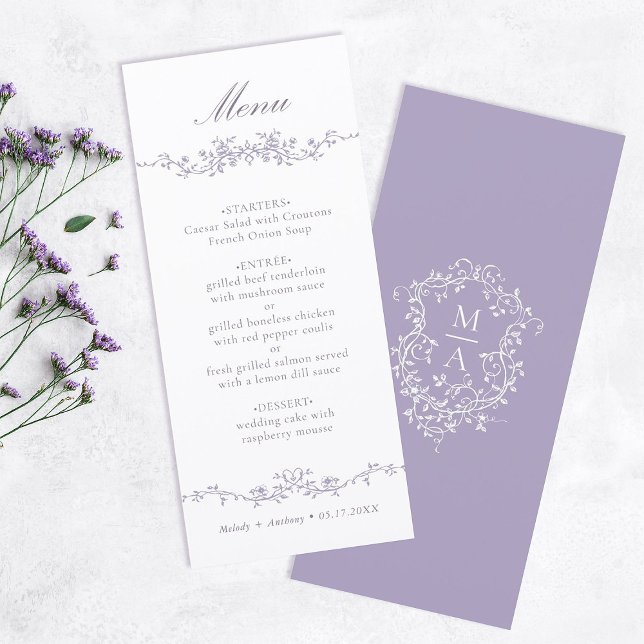 Menú Clásico floral de lavanda Boda Frontera (Front & Back)