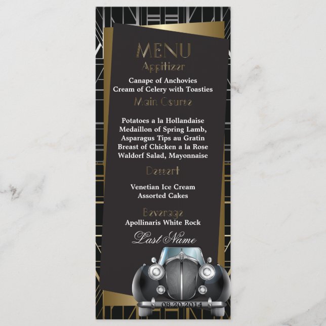 Menú clásico Gatsby Deco Limo negro Boda (Anverso)