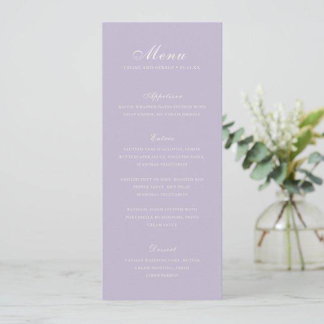 Menú Clásico Lila Boda Elegante (Anverso de pie)