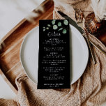 Menú clásico Minimalista Eucalyptus Boda negro<br><div class="desc">Este clásico menú minimalista de boda negro eucalipto es perfecto para complementar a un boda rústico. El diseño presenta un bonito tipo de letra caligráfica y un eucalipto de color verde acuático en un fondo negro.</div>