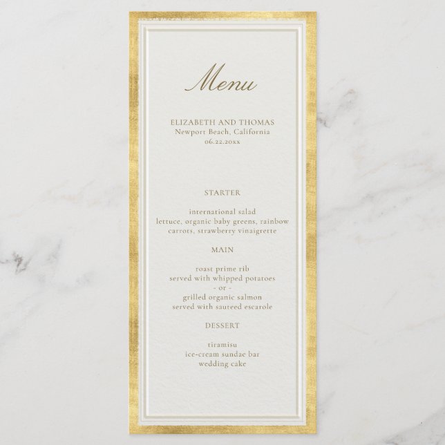 Menú Clásico Moderno Boda Formal Ecru Dorado Falso (Anverso)