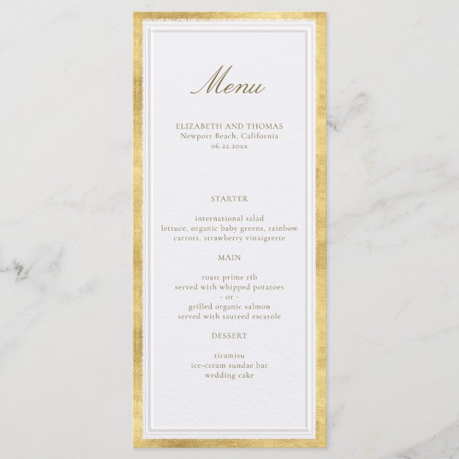 Menú Clásico Moderno Bodas Formales Perla Dorada Falsa (Anverso)