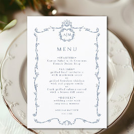 Menú Clásico Moderno Marco Francés Boda Azul Polvorient