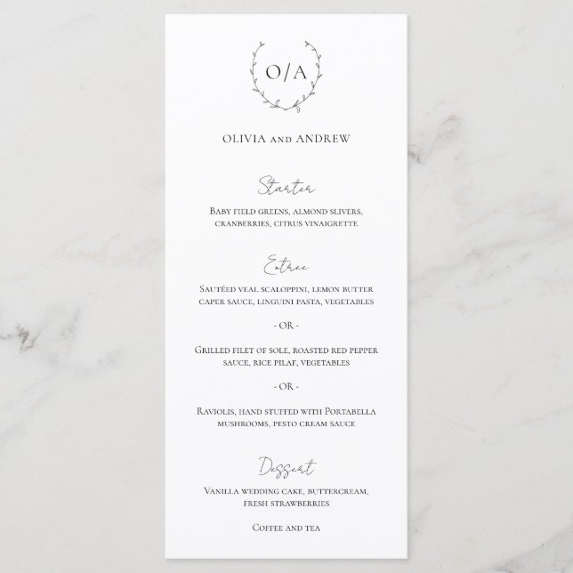 Menú Clásico Monograma Corona Cresta Boda Elegante (Anverso)