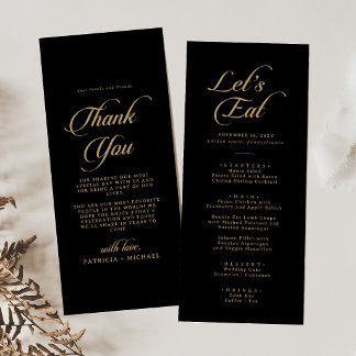 Menú Clásico negro y dorado agradecimiento y boda