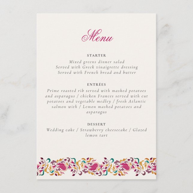 Menú Clásico Rosa Verde Amarillo Floral Cisne Pájaro Bo (Anverso)