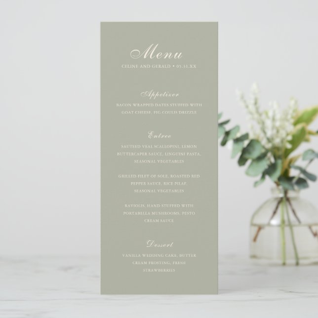 Menú Clásico Verde Silenciado Boda Elegante (Anverso de pie)