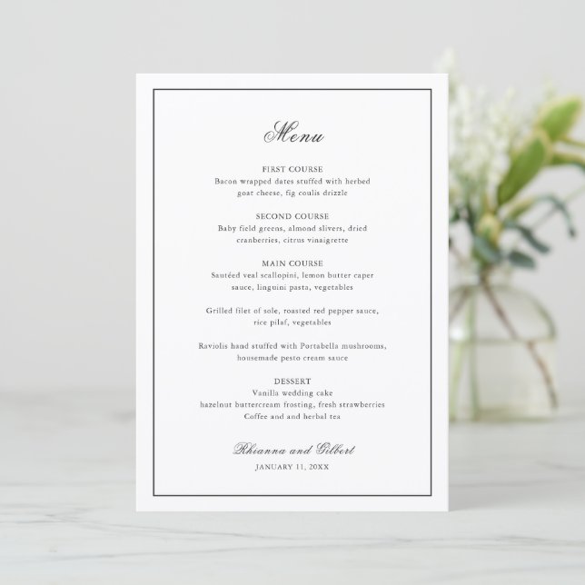 Menú Classic Border Black and White Timeless Wedding (Anverso de pie)