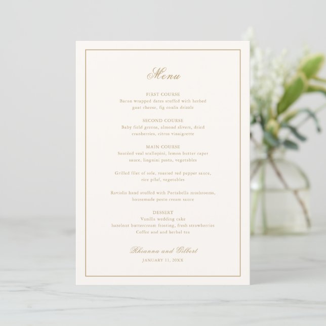 Menú Classic Border Ivory and Gold Timeless Wedding (Anverso de pie)