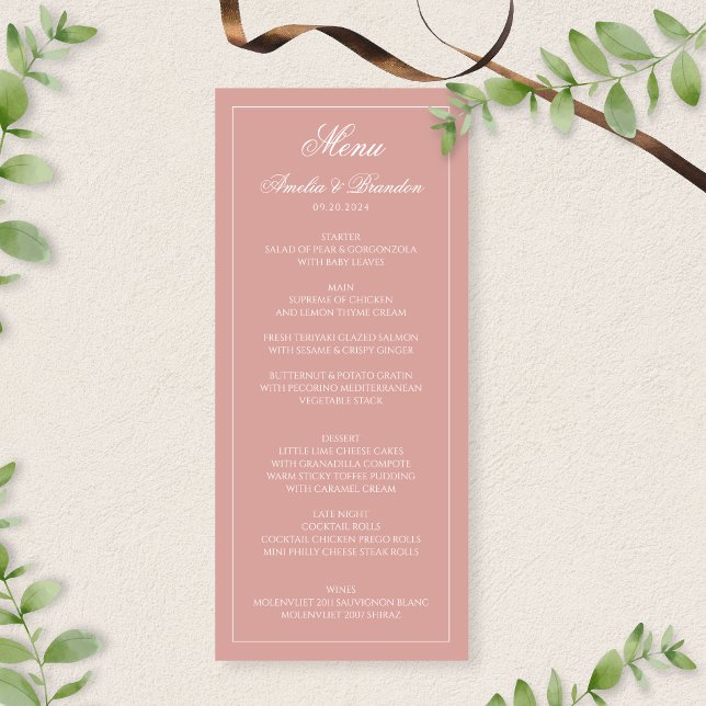 Menú Classic Dusty Rose & White Border Script Wedding (Subido por el creador)